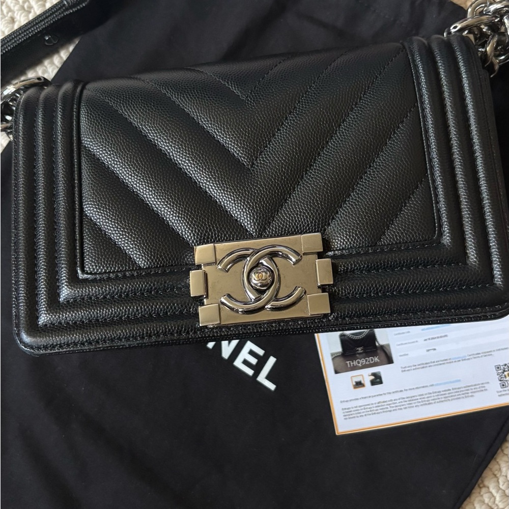 CHANEL Black Quilted Boy Flap Bag with Silver-Tone Hardware